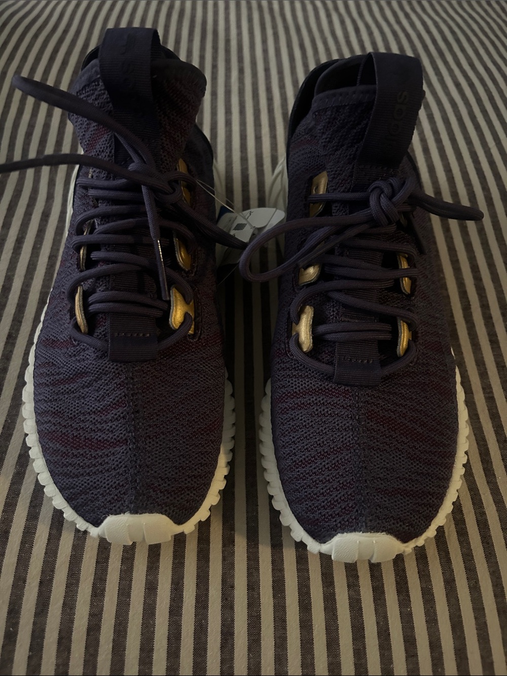 adidas Deep Purple Knit Sneakers with White Sole and Gold Accents